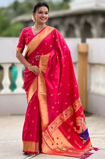 Pink elegant art silk woven saree with rich zari border