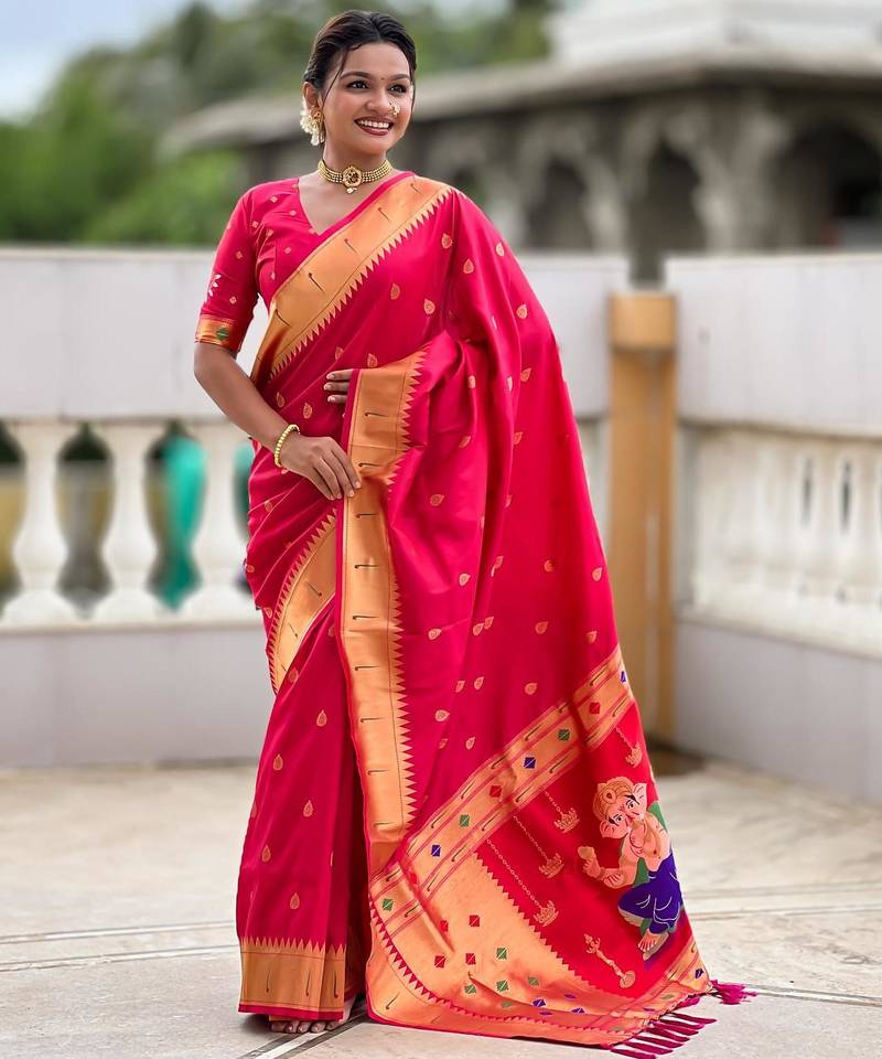 Pink elegant art silk woven saree with rich zari border