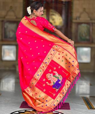 Pink elegant art silk woven saree with rich zari border 2