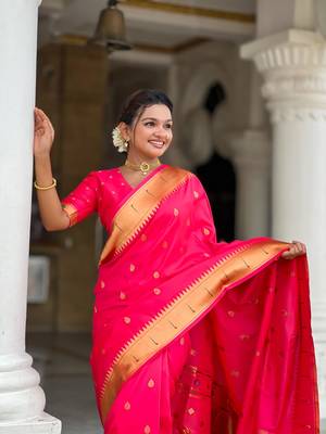Pink elegant art silk woven saree with rich zari border 4