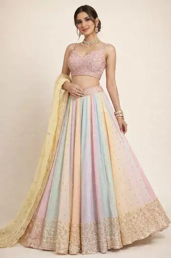 Pastel Multicolor Embroidered Lehenga Set