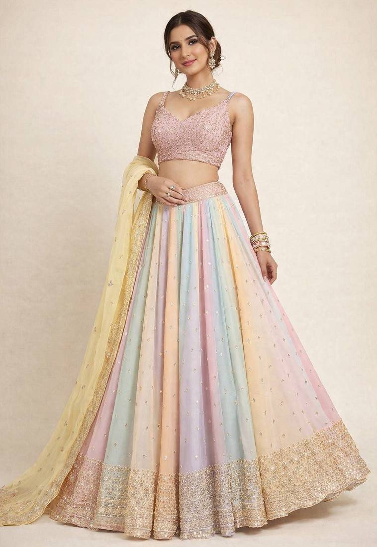 Pastel Multicolor Embroidered Lehenga Set