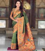 Mehendi elegant art silk woven saree with rich zari border