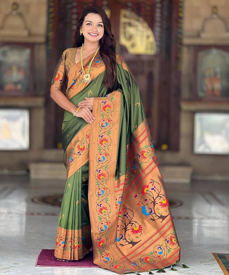 Mehendi elegant art silk woven saree with rich zari border