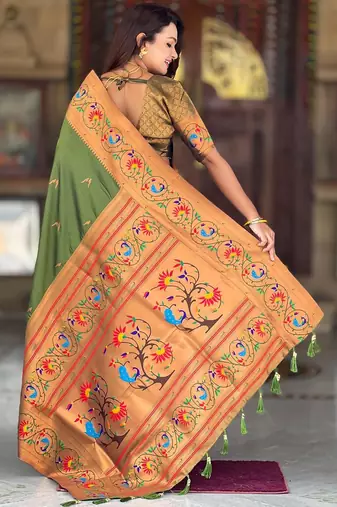 Mehendi elegant art silk woven saree with rich zari border