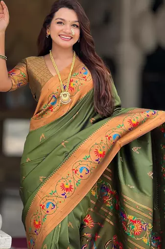 Mehendi elegant art silk woven saree with rich zari border