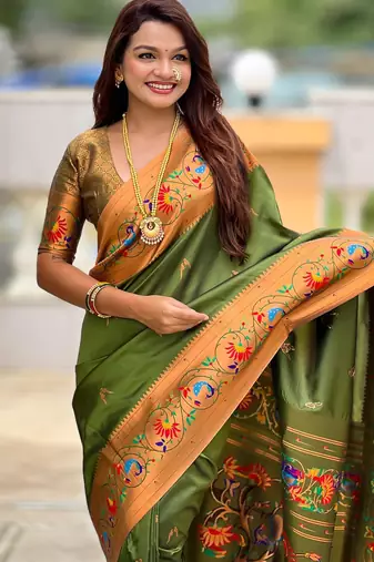 Mehendi elegant art silk woven saree with rich zari border