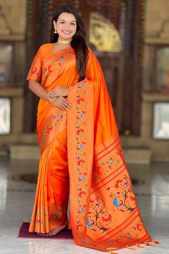 Orange elegant art silk woven saree with rich zari border