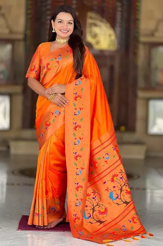 Orange elegant art silk woven saree with rich zari border