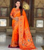 Orange elegant art silk woven saree with rich zari border