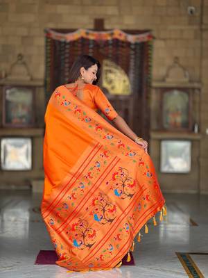 Orange elegant art silk woven saree with rich zari border 2