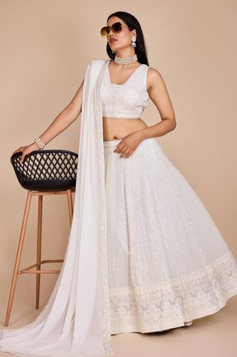 Elegant White Faux Georgette Lehenga Choli with Thread & Sequins Embroidery