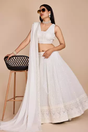 Elegant White Faux Georgette Lehenga Choli with Thread & Sequins Embroidery