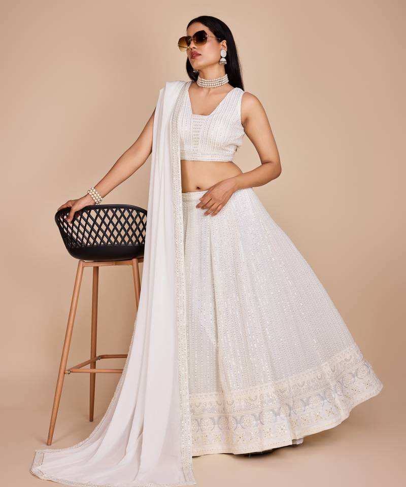 Elegant White Faux Georgette Lehenga Choli with Thread & Sequins Embroidery