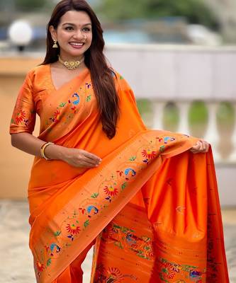 Orange elegant art silk woven saree with rich zari border 3