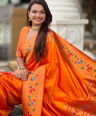 Orange elegant art silk woven saree with rich zari border 4