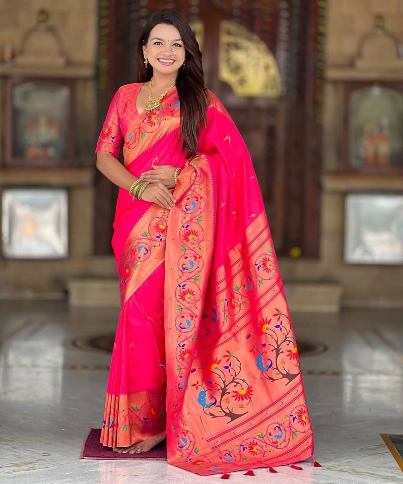 Pink elegant art silk woven saree with rich zari border