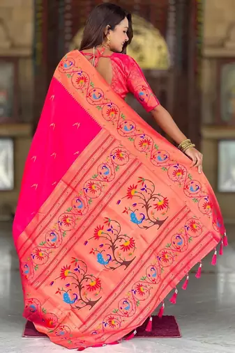 Pink elegant art silk woven saree with rich zari border