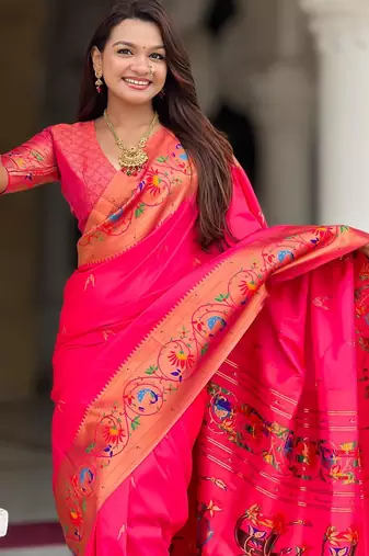 Pink elegant art silk woven saree with rich zari border