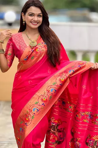 Pink elegant art silk woven saree with rich zari border