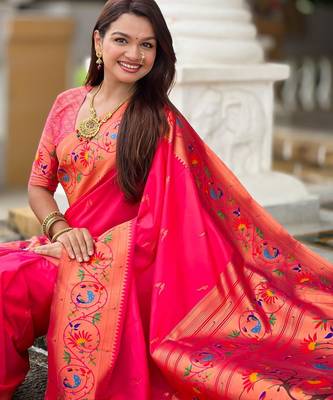Pink elegant art silk woven saree with rich zari border 5