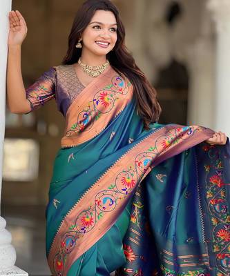 Teal elegant art silk woven saree with rich zari border 3