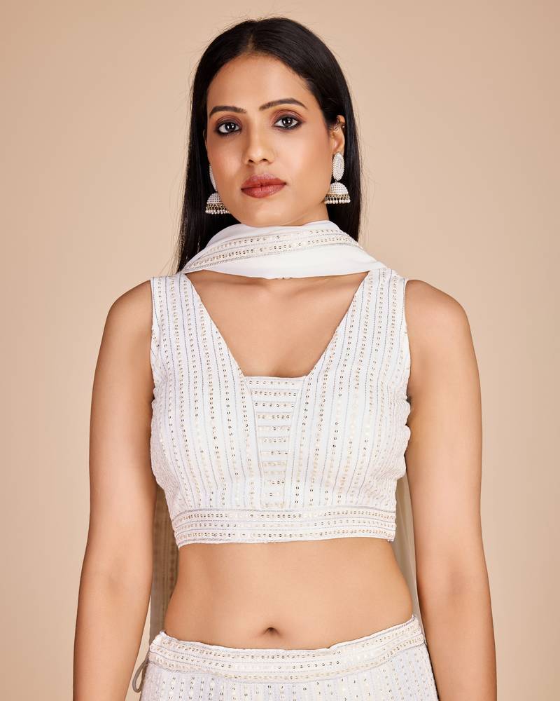 Elegant White Faux Georgette Lehenga Choli with Thread & Sequins Embroidery