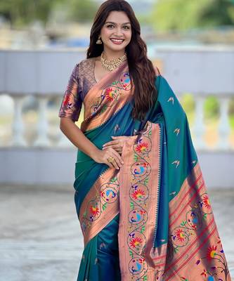 Teal elegant art silk woven saree with rich zari border 4