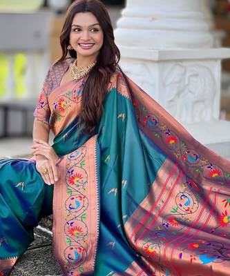Teal elegant art silk woven saree with rich zari border 5