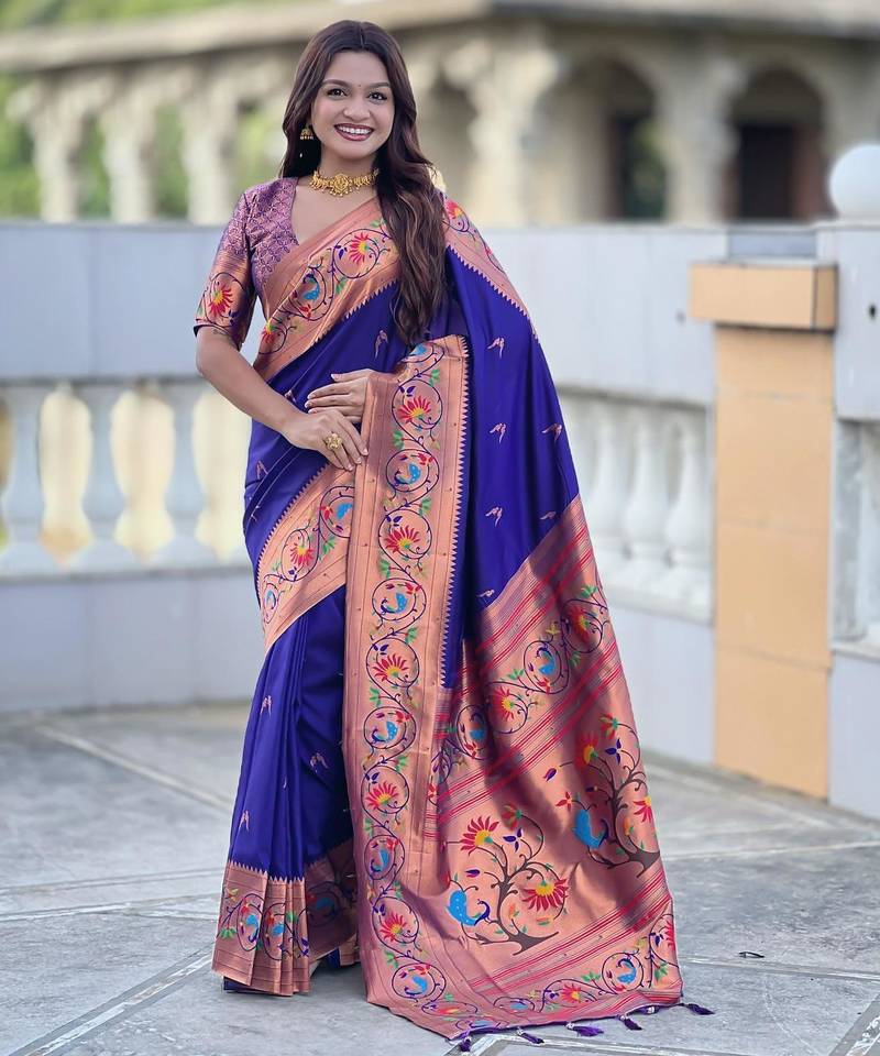 Violet elegant art silk woven saree with rich zari border