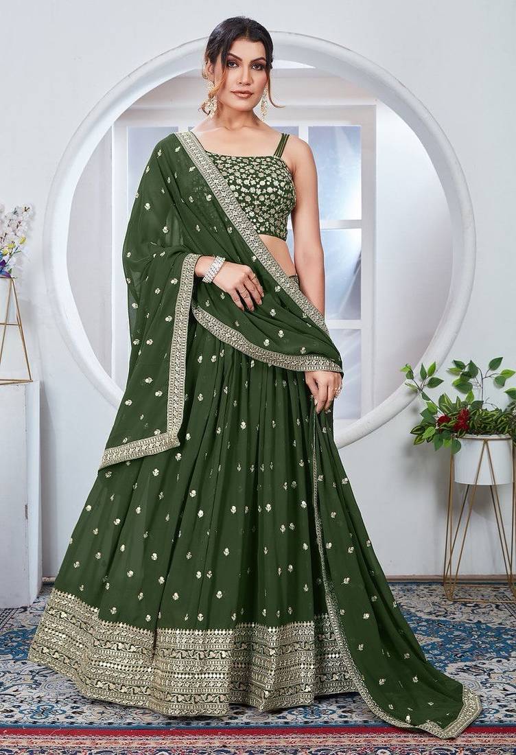Bottle Green Faux Georgette Lehenga Choli with Thread & Sequins Embroidery