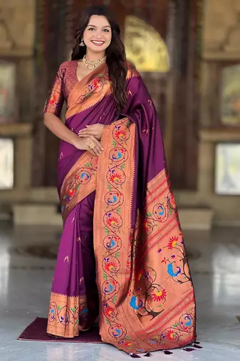 Wine elegant art silk woven saree with rich zari border