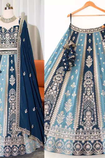 Elegant Navy Blue Embroidered Lehenga Set with Dupatta for Party Wear