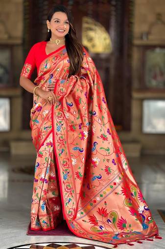 Orange elegant art silk woven saree with rich zari border