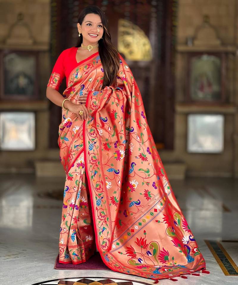 Orange elegant art silk woven saree with rich zari border