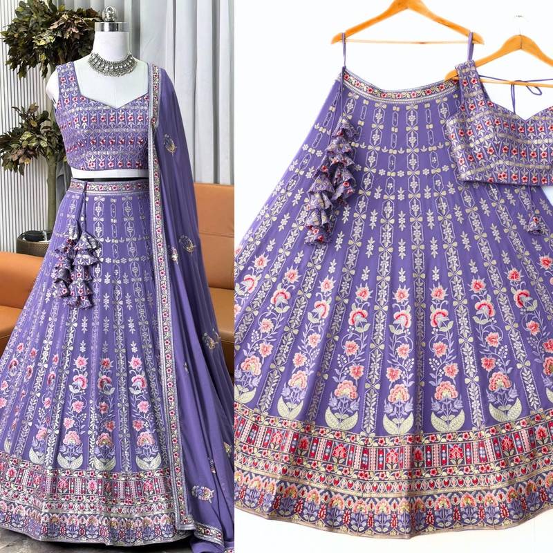 esigner Lavender Embroidered Lehenga Set with Multicolor Floral Work