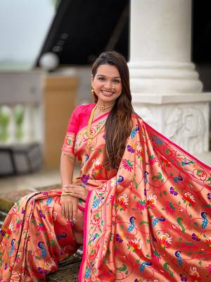 Orange elegant art silk woven saree with rich zari border 4