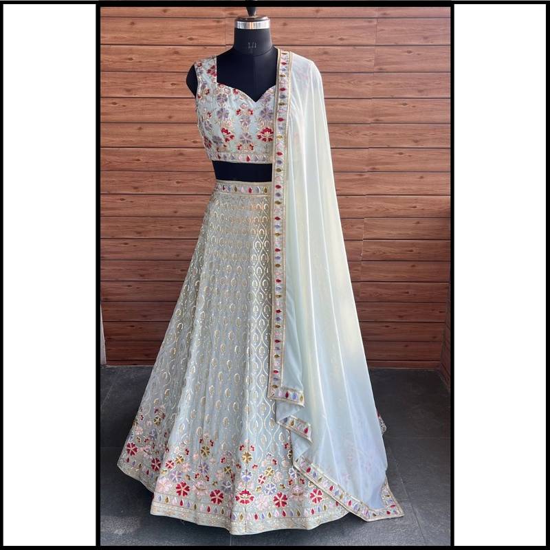 Pastel Mint Green Faux Georgette Lehenga Choli with Thread & Sequins Embroidery