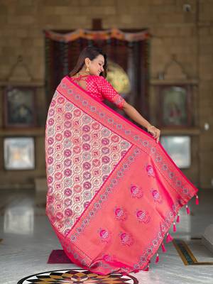 Pink elegant art silk woven saree with rich zari border 2