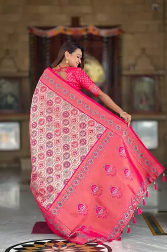 Pink elegant art silk woven saree with rich zari border
