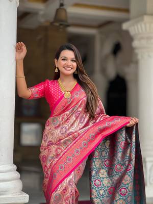 Pink elegant art silk woven saree with rich zari border 3