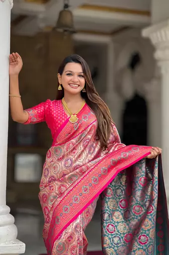 Pink elegant art silk woven saree with rich zari border