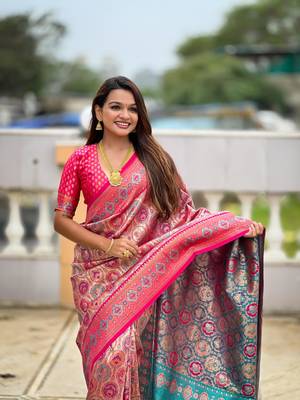 Pink elegant art silk woven saree with rich zari border 4