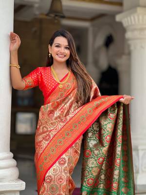 Red elegant art silk woven saree with rich zari border 3
