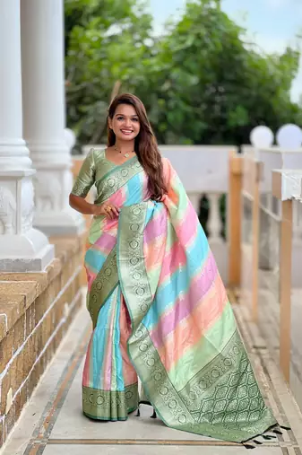 Green elegant art silk woven saree with rich zari border