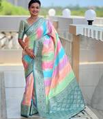 Turquoise elegant art silk woven saree with rich zari border