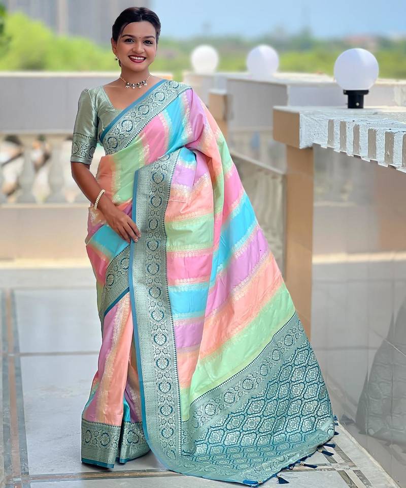 Turquoise elegant art silk woven saree with rich zari border