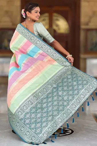 Turquoise elegant art silk woven saree with rich zari border