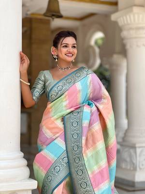 Turquoise elegant art silk woven saree with rich zari border 3