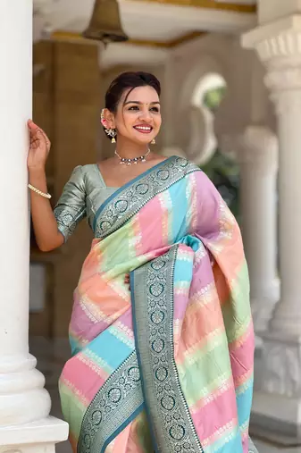 Turquoise elegant art silk woven saree with rich zari border